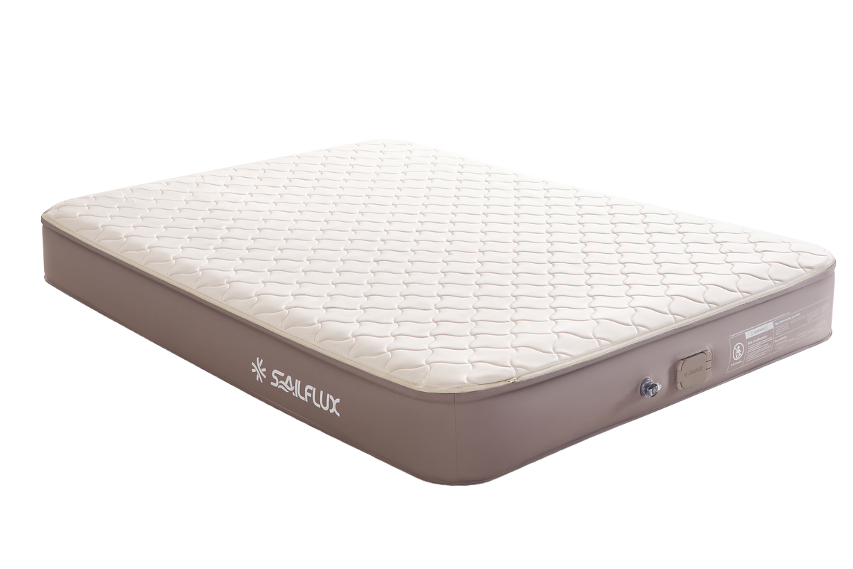 Sailflux Voyage CloudTop queen air mattress with quilted memory foam topper and built-in pump, studio product view