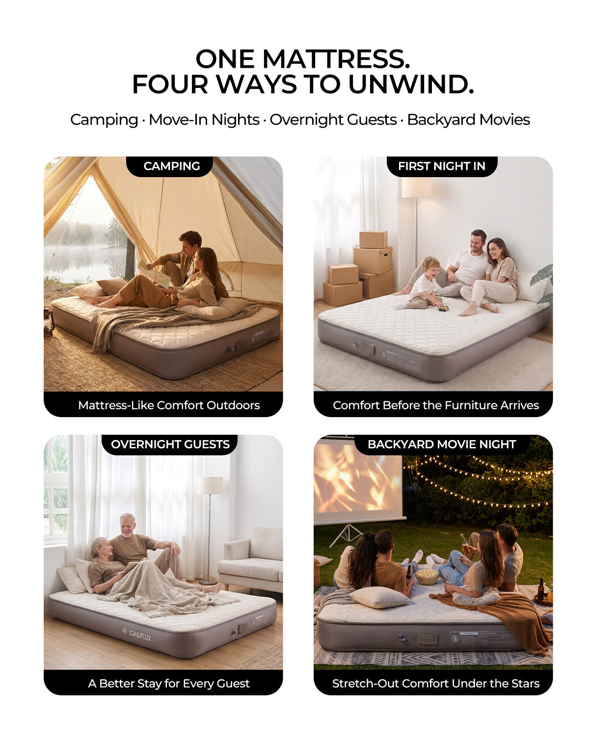 Four ways to use the Voyage CloudTop queen air mattress: camping, move-in night, overnight guests and backyard movie night