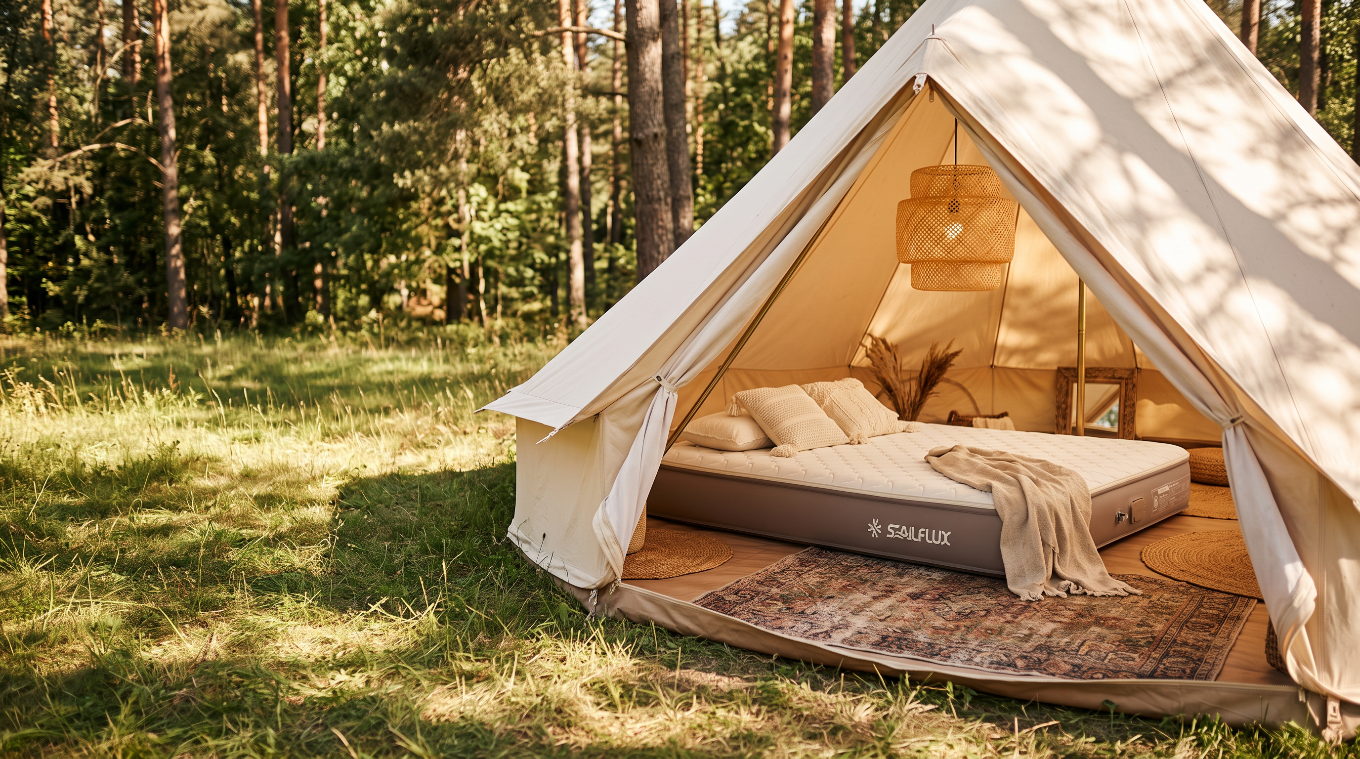 A Sailflux mattress in a canvas tent in the forest