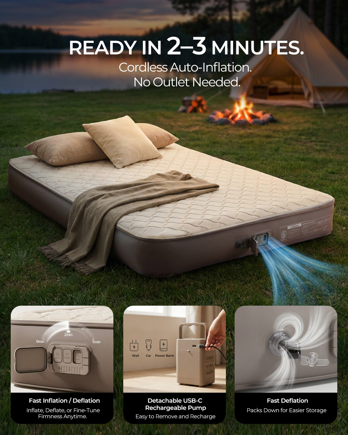 Voyage CloudTop air mattress inflated on grass in minutes with the detachable USB-C rechargeable pump