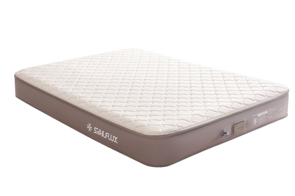Sailflux Voyage CloudTop queen air mattress with quilted memory foam topper and built-in pump, studio product view