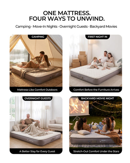 Four ways to use the Voyage CloudTop queen air mattress: camping, move-in night, overnight guests and backyard movie night
