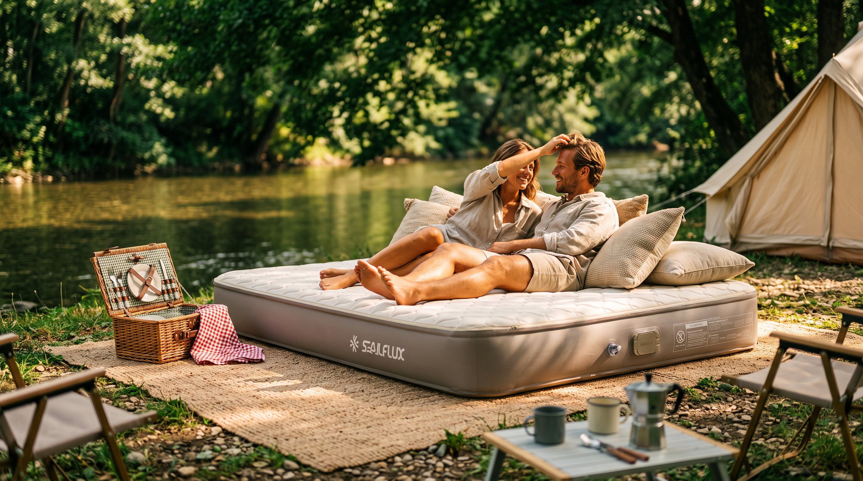 A couple relaxing on a Sailflux mattress beside the water