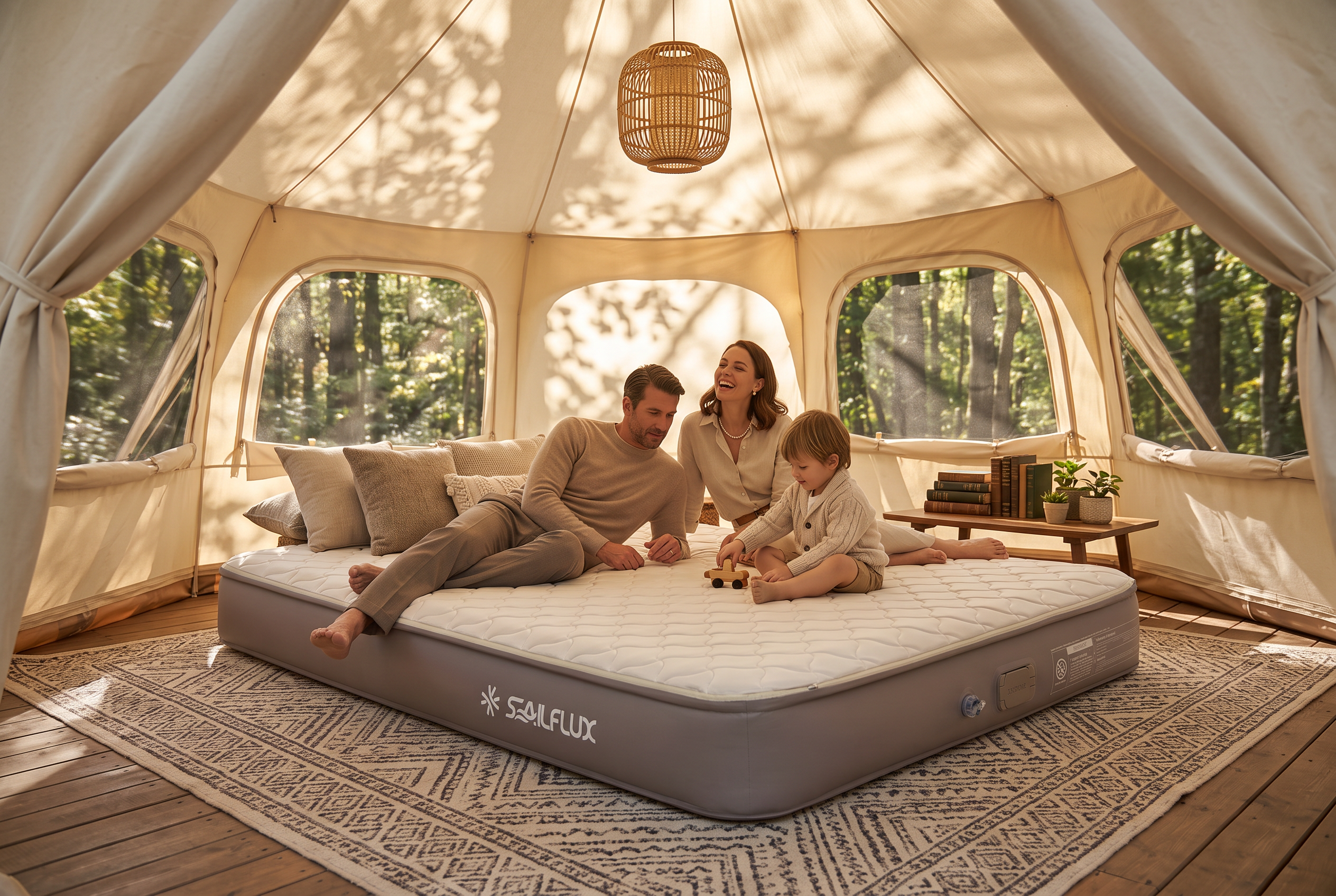 A family enjoying time together on a Sailflux mattress inside a canvas tent