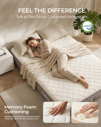 Woman sleeping on the Voyage CloudTop queen air mattress used as an indoor guest bed with CertiPUR-US certified memory foam